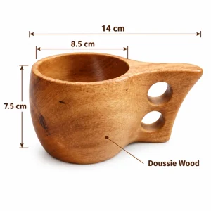 Two Hole Wooden Cup – Doussie Wood 1 Two Hole Wooden Cup overall dimensions 14 × 8.5 × 7.5 cm in doussie wood