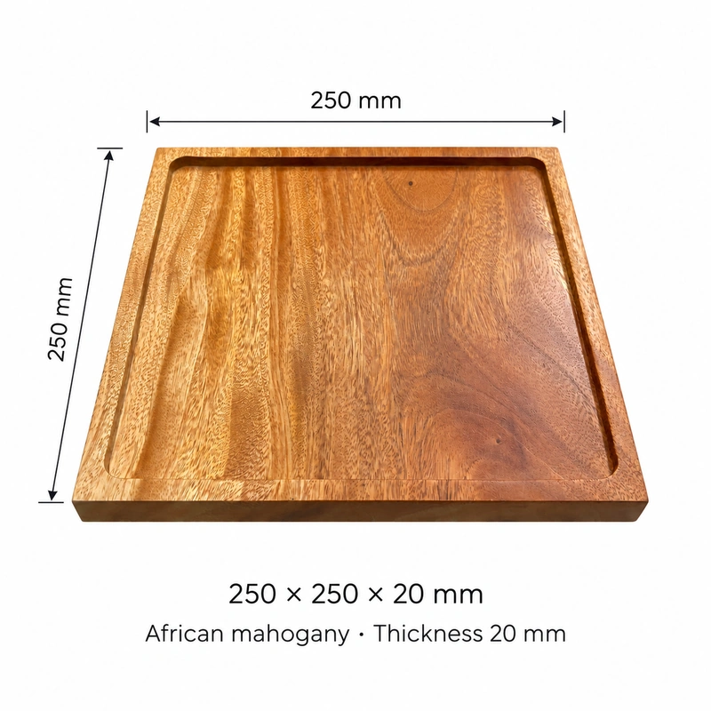 African Mahogany Square Tray 25 cm dimensions 250 × 250 × 20 mm and African mahogany material African Mahogany Square Tray 25 cm dimensions 250 × 250 × 20 mm and African mahogany material