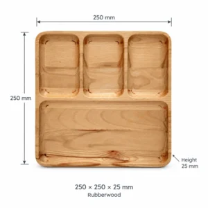 Rubberwood Four-Compartment Tray 25 cm dimensions 250 × 250 × 25 mm and Rubberwood material
