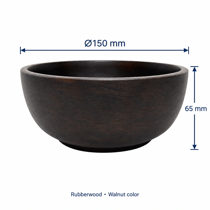 Walnut Color Rubberwood Bowl dimensions: 150 mm diameter and 65 mm height Walnut Color Rubberwood Bowl dimensions: 150 mm diameter and 65 mm height