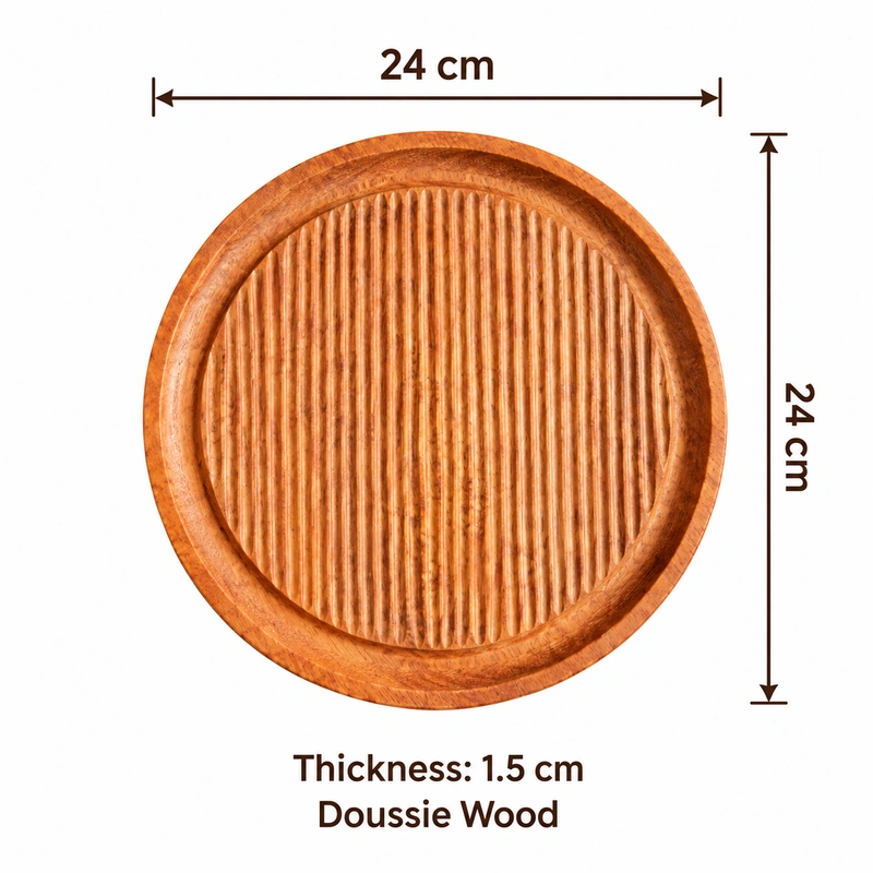 Round Grooved Doussie Tray overall dimensions 24 × 24 × 1.5 cm in doussie wood Round Grooved Doussie Tray overall dimensions 24 × 24 × 1.5 cm in doussie wood