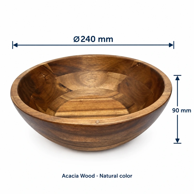 Acacia Serving Bowl dimensions: 240 mm diameter and 90 mm height Acacia Serving Bowl dimensions: 240 mm diameter and 90 mm height