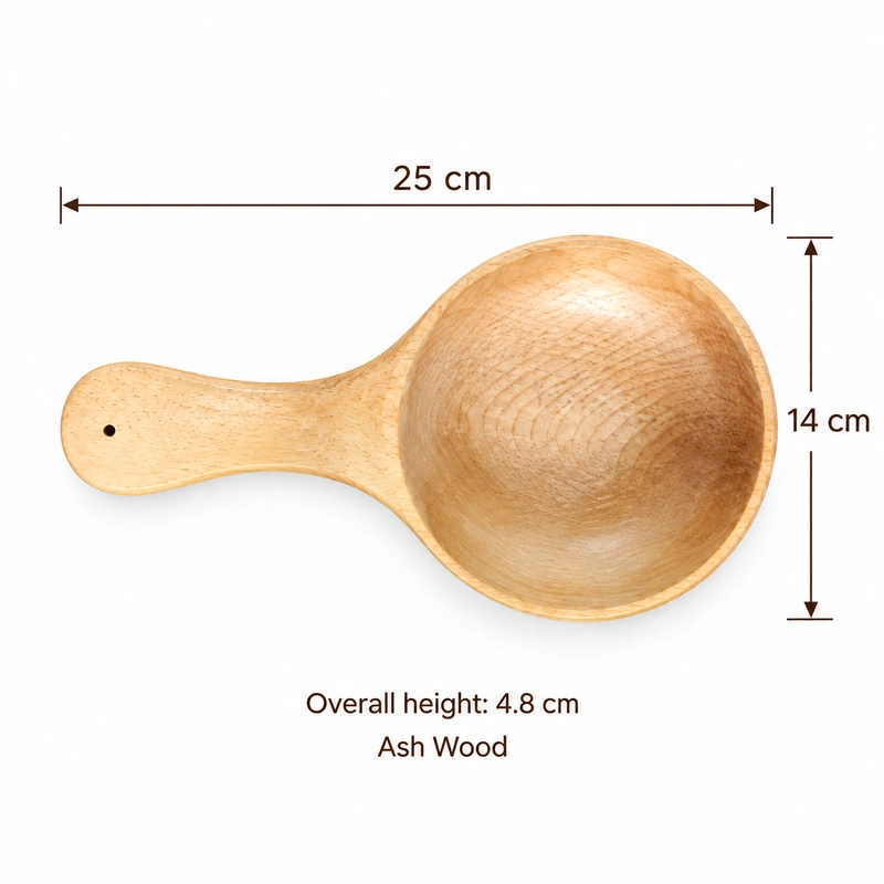 Round Wooden Scoop dimensions 25 by 14 cm with overall height 4.8 cm in ash wood Round Wooden Scoop dimensions 25 by 14 cm with overall height 4.8 cm in ash wood