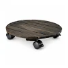 Round black-finish acacia plant caddy with locking casters on a white background
