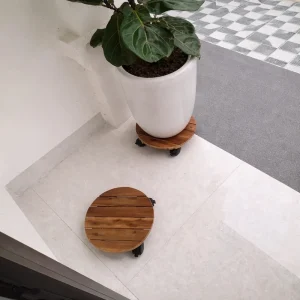 Round acacia plant caddy and potted plant beside an open doorway