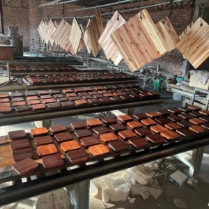 Wooden kitchenware batches at the factory
