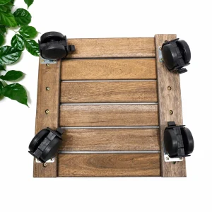 Square Dark Walnut Acacia Plant Caddy with Locking Wheels – 30cm 4 Underside of the square acacia plant caddy showing four caster mounts