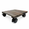 Square acacia plant caddy with locking wheels on a white background