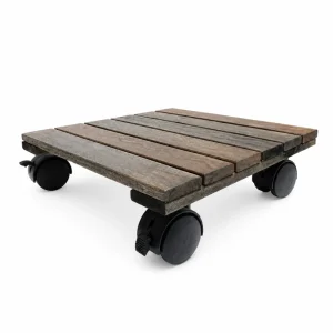 Square acacia plant caddy with locking wheels on a white background
