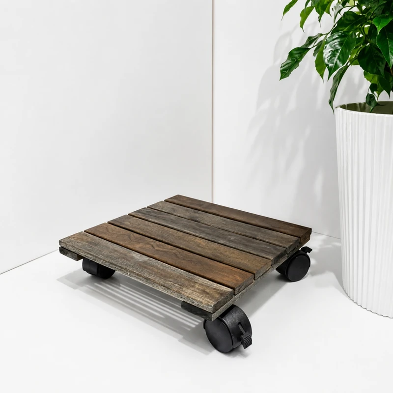 Square Dark Walnut Acacia Plant Caddy with Locking Wheels – 30cm 6 Acacia plant caddy in a styled interior corner beside a white planter
