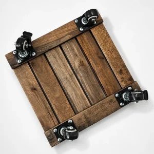 Square Acacia Plant Caddy with Locking Casters – Dark Walnut, 30cm 4 Underside of the square acacia plant caddy showing its four caster mounts
