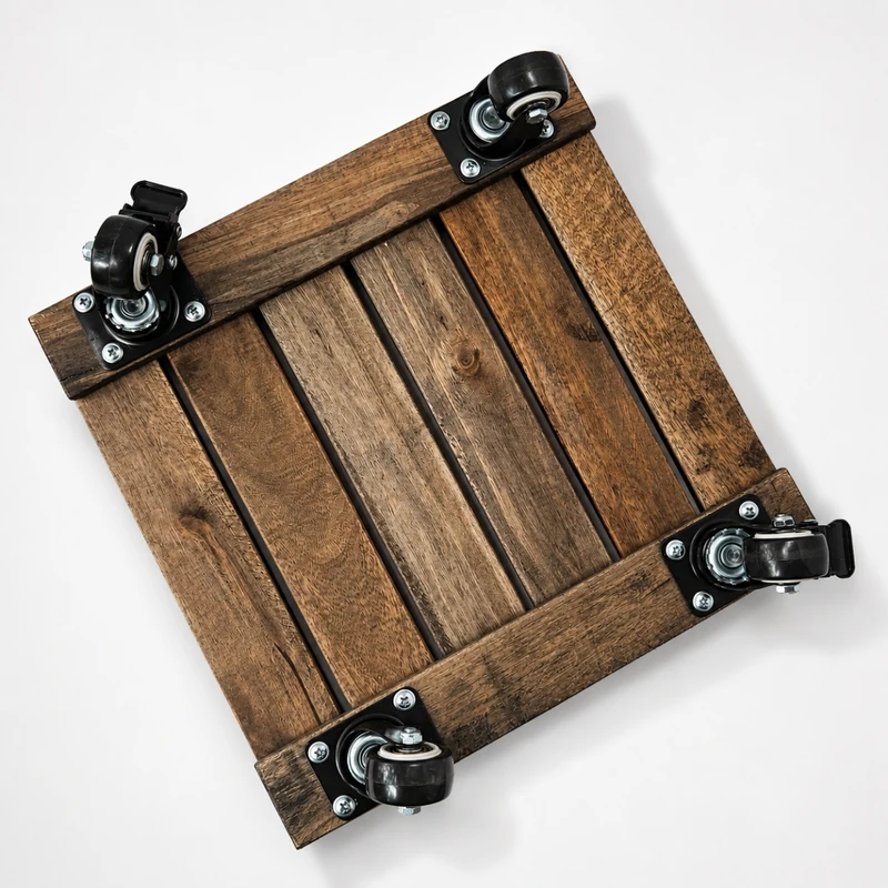 Underside of the square acacia plant caddy showing its four caster mounts Underside of the square acacia plant caddy showing its four caster mounts