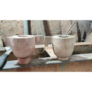 Forked Handle Wooden Cup – Doussie Wood 5 Two wooden cup blanks on a workshop bench