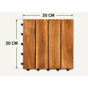 Four-slat wooden decking tile with 30 by 30 cm dimensions