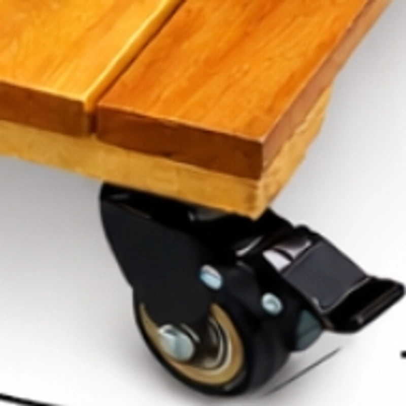 Close-up of the caster brake and golden acacia platform edge Close-up of the caster brake and golden acacia platform edge