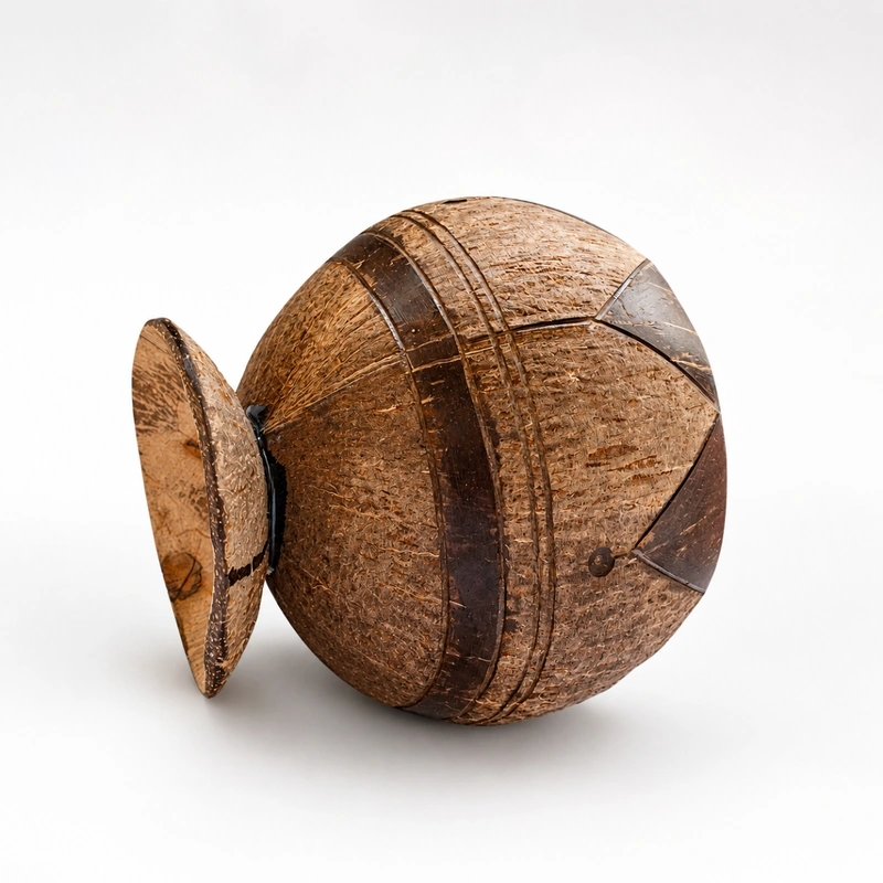 Side view showing the coconut bowl pedestal base and carved shell Side view showing the coconut bowl pedestal base and carved shell