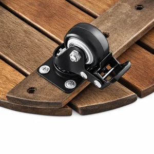 Close-up of a locking swivel caster, metal brake lever and acacia wood mounting rail