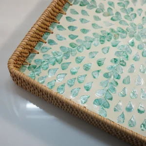 Large Rattan Tray with Mother-of-Pearl Inlay 56cm 4 Corner detail of the rectangular tray with handwoven rattan sides