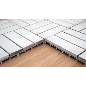 Outdoor Patio Tiles Over Concrete for Balcony 4 Joined white decking modules showing wood edges and the raised PP base