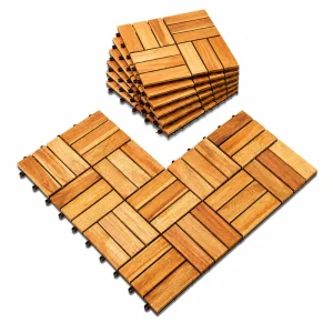 Interlocking Patio Tiles 12 Slats Natural Color 4 Multiple natural acacia patio tiles arranged to show their interlocking edges