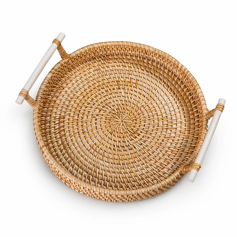 Single round natural rattan tray showing woven base and two bamboo handles Single round natural rattan tray showing woven base and two bamboo handles