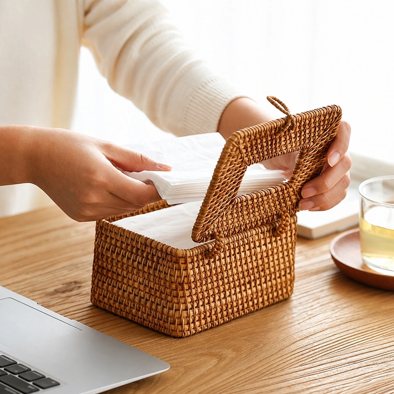 Hand opening the woven tissue box to refill tissues Hand opening the woven tissue box to refill tissues