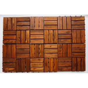 Interlocking Deck Tiles 12 Slats 4 Hand-worked golden-brown wood grain across connected 12-slat acacia modules