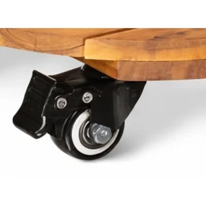 Close-up of a black locking caster beneath the golden acacia platform