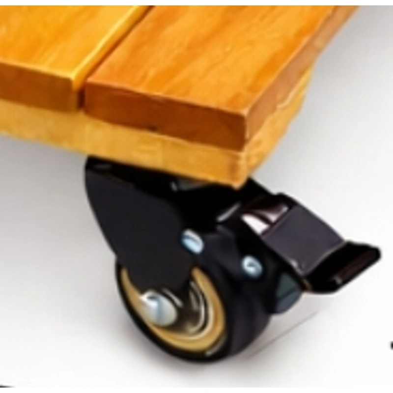 Close-up of a locking caster beneath the golden acacia platform edge Close-up of a locking caster beneath the golden acacia platform edge