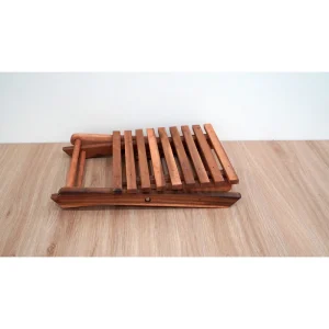 Folding Acacia Side Table with Slatted Top – 37 cm 4 Acacia side table folded flat on a wooden surface