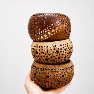 Three coconut shell holders showing variations in shell tone and perforated patterns