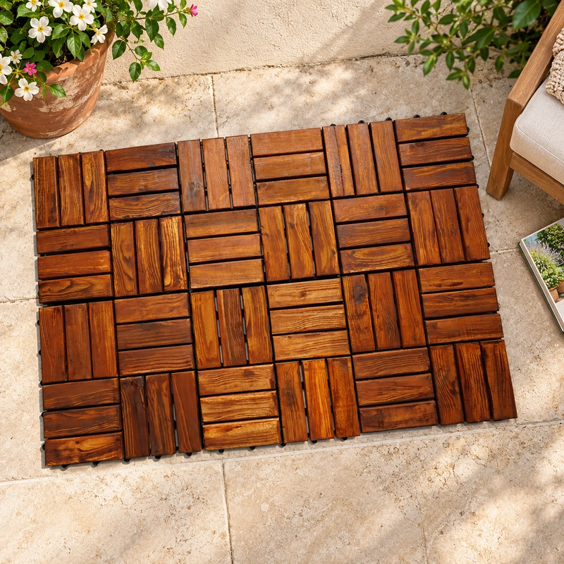 Interlocking Deck Tiles 12 Slats 6 Interlocking deck tiles with decorative Me Tay grain in a garden patio concept