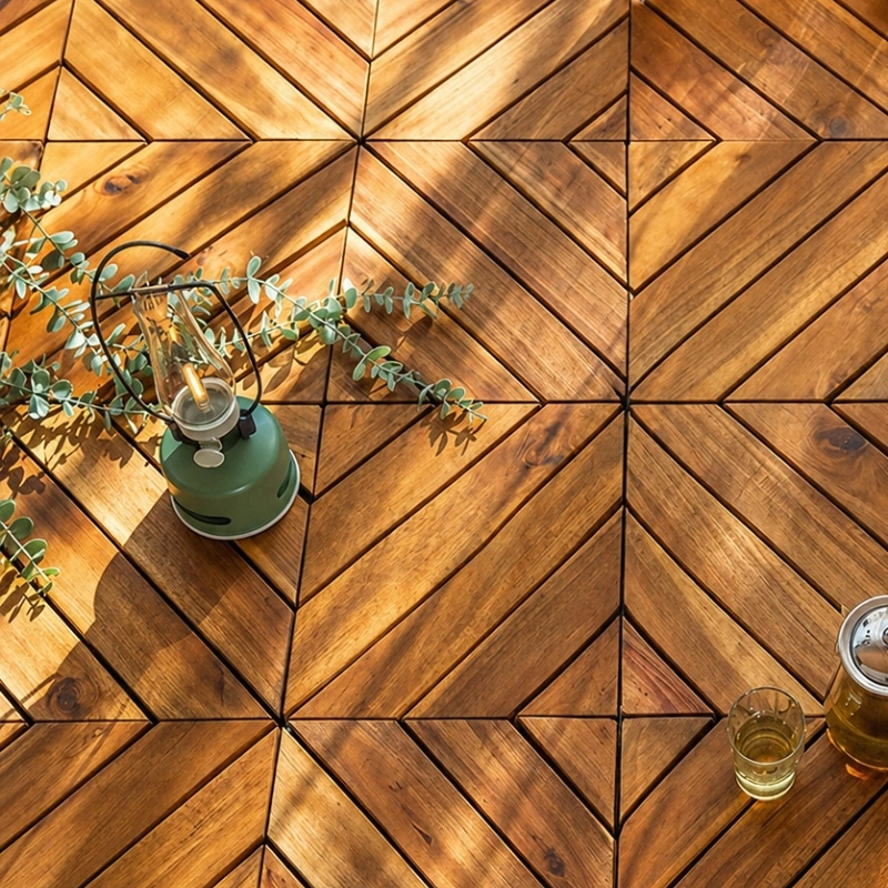 Vietnam Acacia Deck Tiles Using For Balcony 6 Slats 6 Close view of diagonal acacia tiles installed beside a plant and lantern