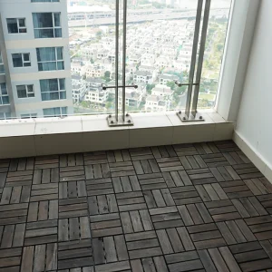 High Quality Acacia Wood Deck Tiles - 12 Slats Walnut 2 Acacia deck tiles covering an outdoor balcony floor
