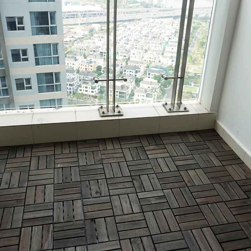 High Quality Acacia Wood Deck Tiles - 12 Slats Walnut 6 Acacia deck tiles covering an outdoor balcony floor