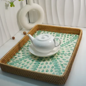 Large Rattan Tray with Mother-of-Pearl Inlay 56cm 2 Rectangular mother-of-pearl rattan tray holding a white teapot and saucer
