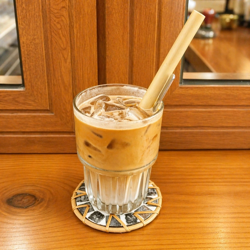 Natural Bamboo Drinking Straws 6 A large bamboo straw in an iced café drink on a wooden table