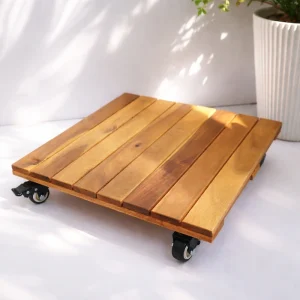 Square Wooden Plant Caddy with Wheels – 40cm, 120kg Load 2 Wooden plant caddy with casters near a large planter