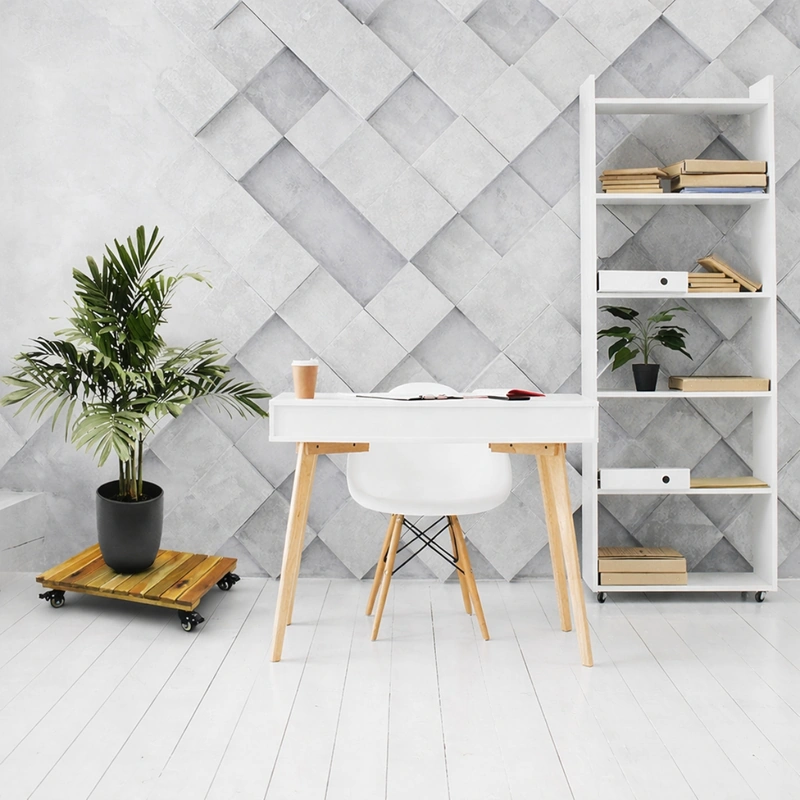 Wholesale Plant Caddy with Wheels Size 60x30cm 6 Plant caddy with wheels holding a palm beside a desk and shelving