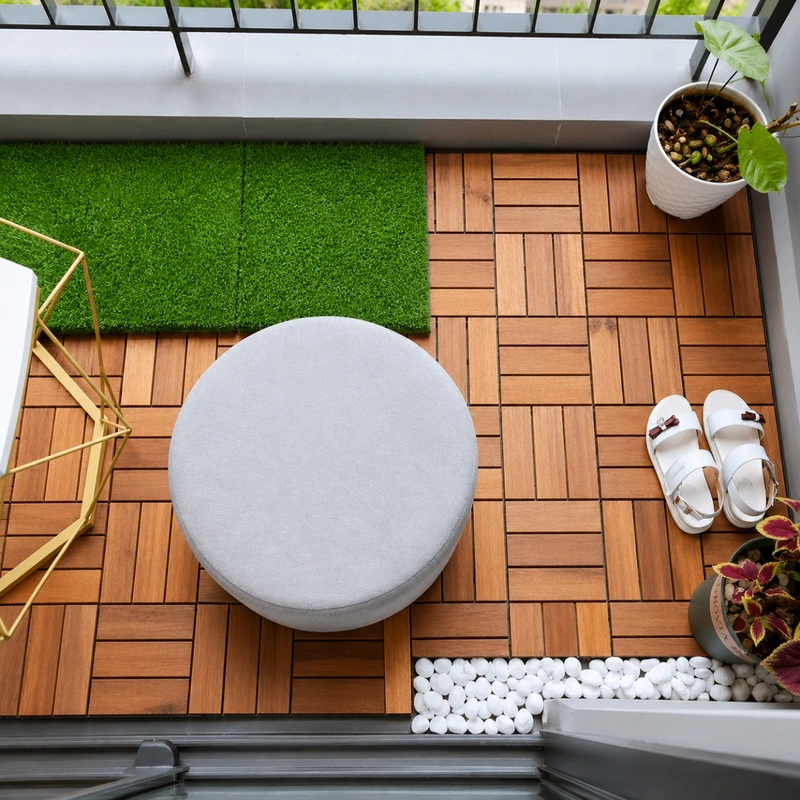 Interlocking grass tiles beside wood tiles in a compact seating area