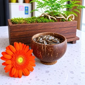 Coconut shell cup filled with sunflower seeds beside flowers and plants