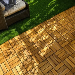 Interlocking Patio Tiles 12 Slats Natural Color 2 Acacia patio tiles installed beside outdoor seating and a lawn