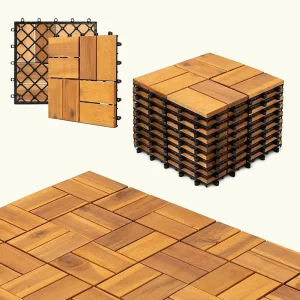 Premium 8-Slat Wooden Deck Tiles 2 Interlocking wooden deck tiles shown as individual tiles and a finished floor