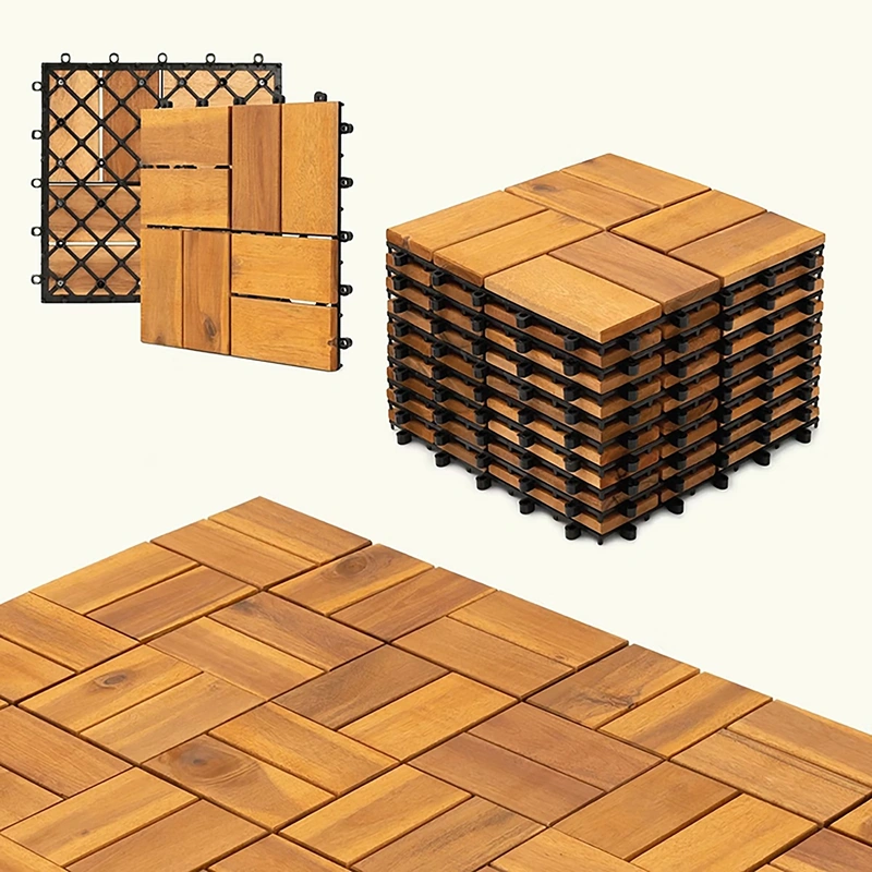 Premium 8-Slat Wooden Deck Tiles 6 Interlocking wooden deck tiles shown as individual tiles and a finished floor