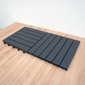 Acacia Decking Tile for Balcony of installation 2 Two grey-blue six-slat acacia tiles joined with perpendicular slat directions