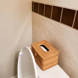 Handcrafted Rattan Tissue Box – Export Quality 2 Woven tissue box placed on a bathroom counter