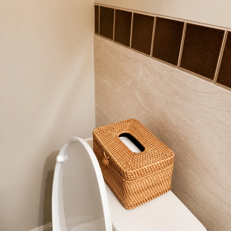 Handcrafted Rattan Tissue Box – Export Quality 6 Woven tissue box placed on a bathroom counter
