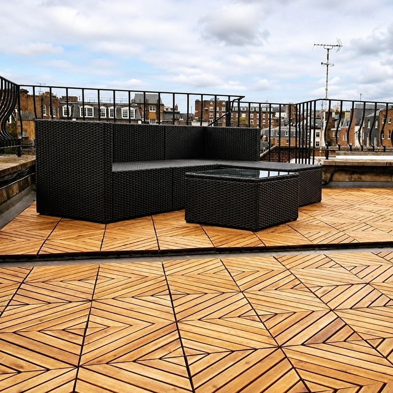 Wooden Interlocking Tiles 8 Slats Natural Color 6 Wooden interlocking tiles covering an outdoor terrace beneath patio seating