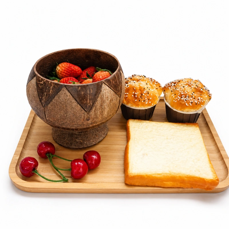 Footed Coconut Shell Bowl with Hand-Carved Pattern 6 Footed coconut shell bowl serving strawberries on a breakfast tray
