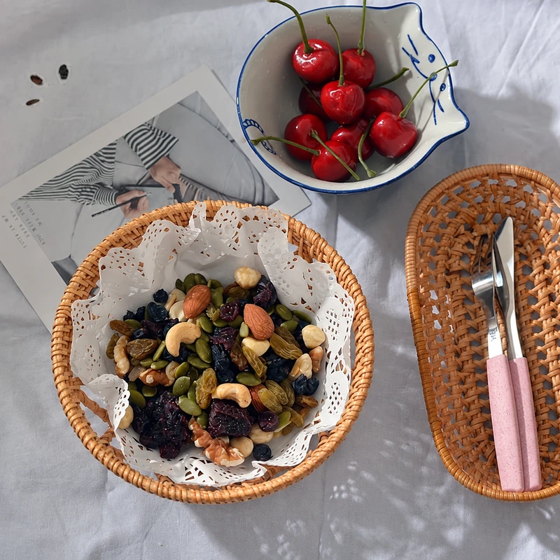 Handwoven Round Rattan Serving Basket | 3 Sizes 3 Round rattan serving basket lined for dry snack presentation